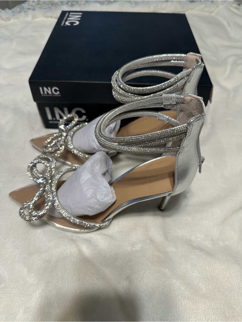 INC International Concepts Silver Crystal-Tie Ankle-Strap Heels